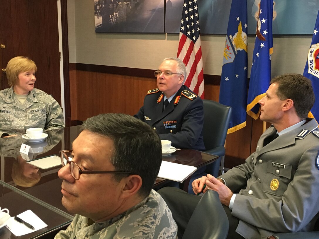 Colonel (Dr.) Sharon Bannister, 79th Medical Wing Commander, provided an overview the Air Force medical programs across the National Capital Region to Brig. Gen. (Dr.) Rafael Schick, the German Air Force Surgeon General, and Col. Kai Schlolaut, German Health Foreign Liaison Officer, on Feb. 16, 2017. She explained how Air Force medicine has progressed, especially in the Aeromedical arena.  