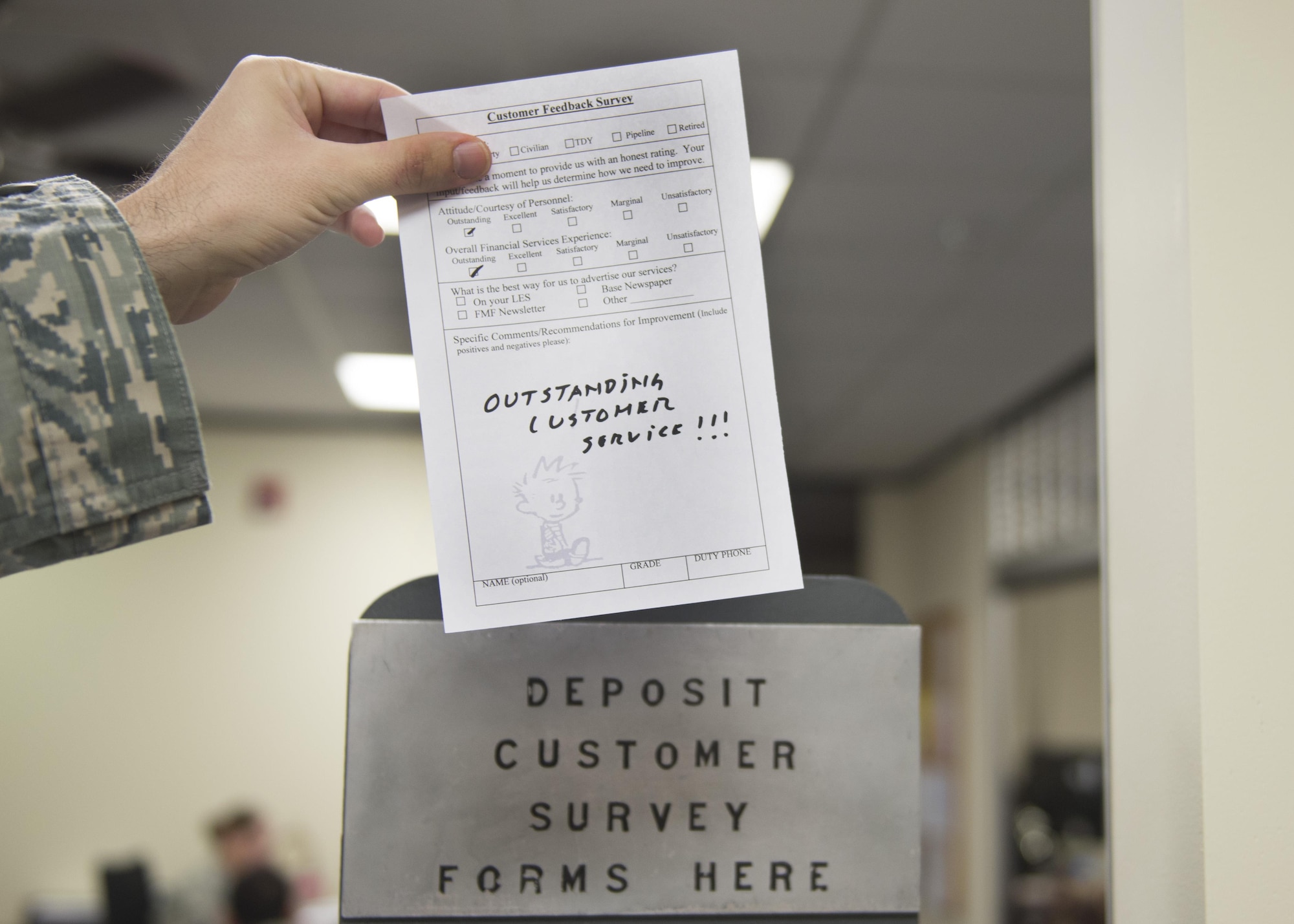 The finance office continually looks for ways to improve quality of customer service by offering feedback cards for members who visit their office, Feb. 7, 2017, at Altus Air Force Base, Oklahoma. The 97th CPTS helps to maximize resources for the base and resolve financial issues for the Airmen on it. (U.S. Air Force Photo by Airman Jackson N. Haddon/Released).