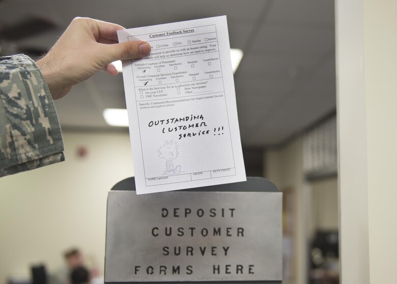 The finance office continually looks for ways to improve quality of customer service by offering feedback cards for members who visit their office, Feb. 7, 2017, at Altus Air Force Base, Oklahoma. The 97th CPTS helps to maximize resources for the base and resolve financial issues for the Airmen on it. (U.S. Air Force Photo by Airman Jackson N. Haddon/Released).