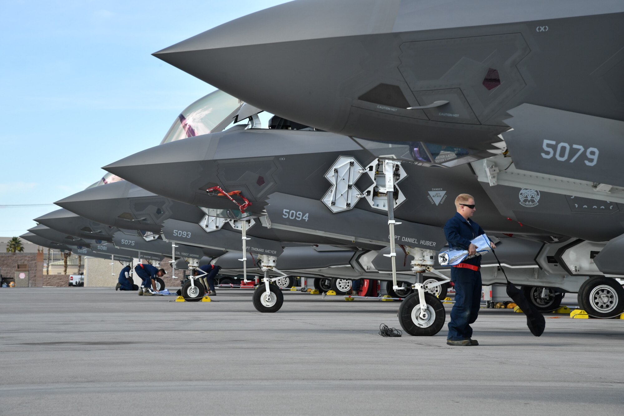 Crew chiefs from Hill Air Force Base, Utah, prepare to launch F-35A aircraft Feb. 7 at Nellis Air Force Base, Nevada, during Red Flag 17-1. (U.S. Air Force photo by R. Nial Bradshaw)