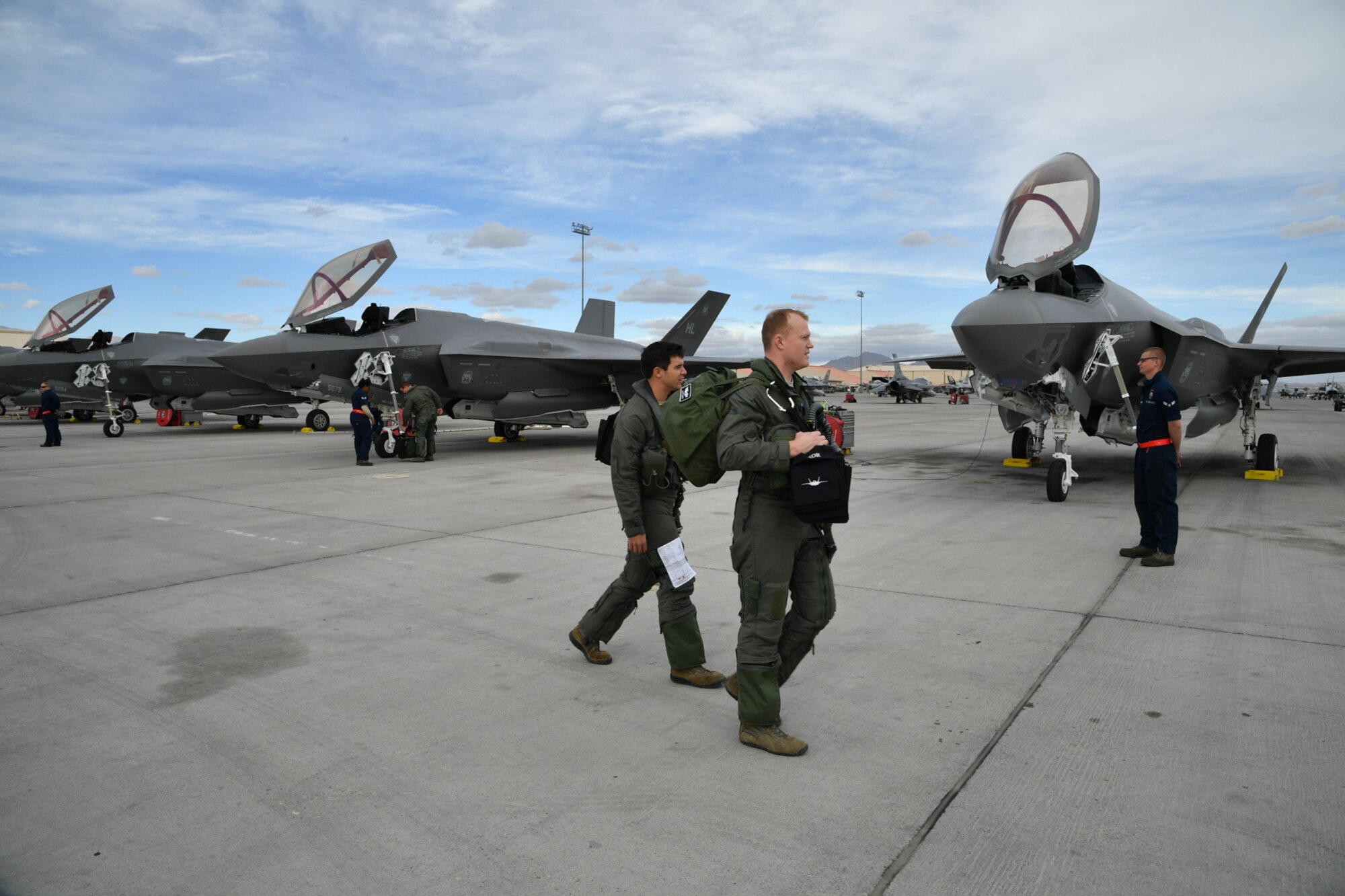 F-35A aircraft pilots and crew chiefs from Hill Air Force Base, Utah, prepare for flight Feb. 7 during Red Flag 17-1 at Nellis Air Force Base, Nevada. (U.S. Air Force photo by R. Nial Bradshaw)