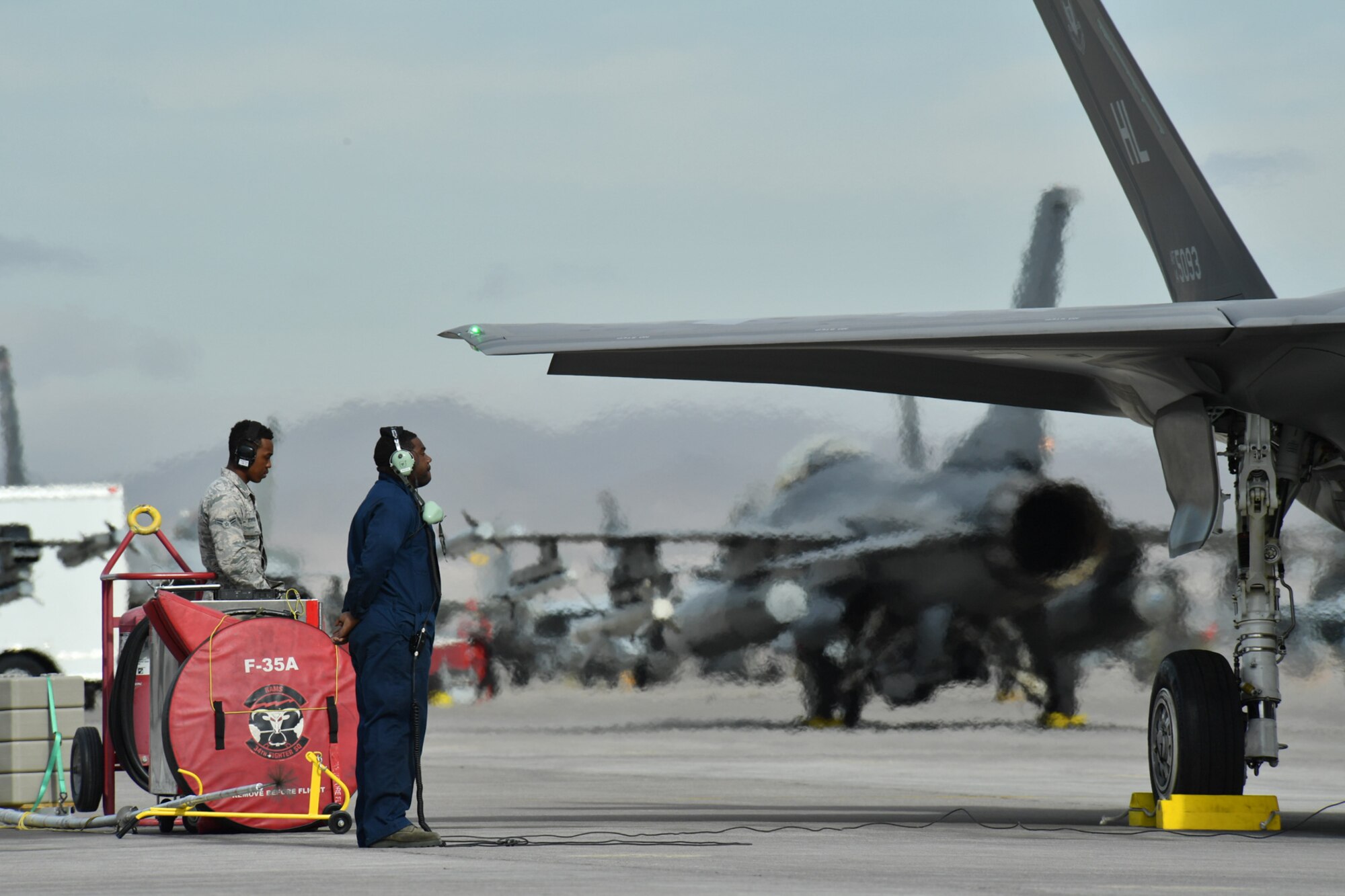 Crew chiefs from Hill Air Force Base, Utah, prepare to launch F-35A aircraft Feb. 7 at Nellis Air Force Base, Nevada, during Red Flag 17-1. (U.S. Air Force photo by R. Nial Bradshaw)