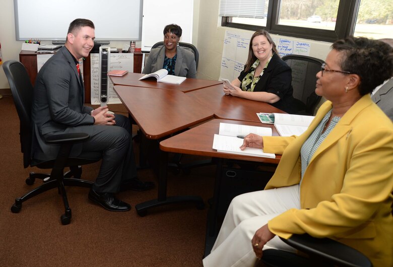 A professional interview panel quizzes transitioning service members in mock job-readiness interviews, during a five-day Transition Readiness Seminar at Marine Corps Logistics Base Albany, recently. The training is a monthly activity designed to assist military families to adjust to civilian careers, explore eligible benefits and other options after leaving active-duty service.