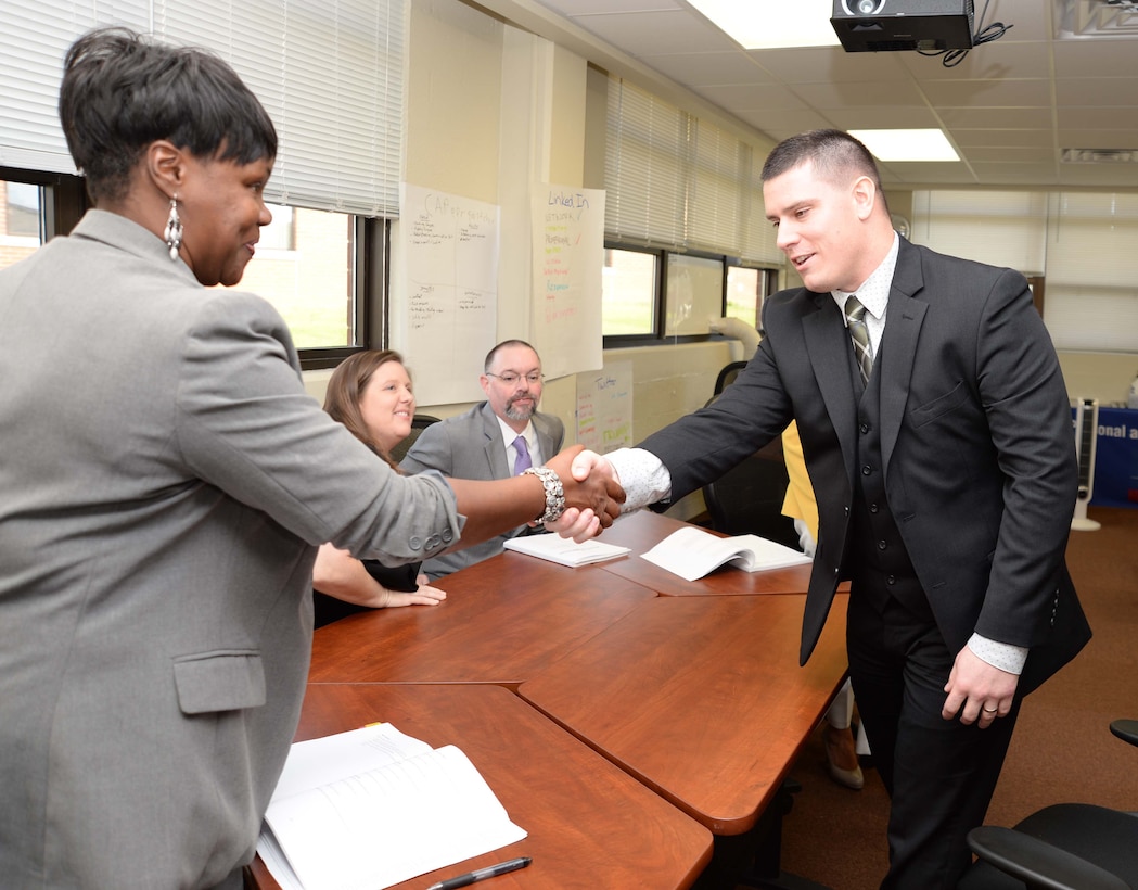 A professional interview panel quizzes transitioning service members in mock job-readiness interviews, during a five-day Transition Readiness Seminar at Marine Corps Logistics Base Albany, recently. The training is a monthly activity designed to assist military families to adjust to civilian careers, explore eligible benefits and other options after leaving active-duty service.