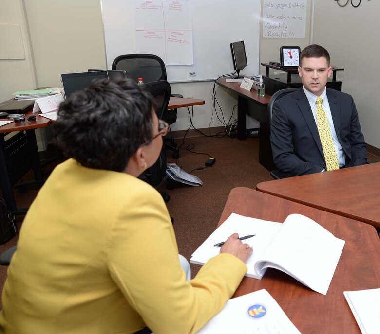 A professional interview panel quizzes transitioning service members in mock job-readiness interviews, during a five-day Transition Readiness Seminar at Marine Corps Logistics Base Albany, recently. The training is a monthly activity designed to assist military families to adjust to civilian careers, explore eligible benefits and other options after leaving active-duty service.