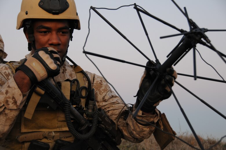 A MARSOC Marine employs advanced communications equipment during small unit training aboard Camp Pendleton, Calif., Jan. 11, 2010. MARSOC puts experienced communications Marines through a rigorous training pipeline in order to create special operations forces communications specialists, or SOCS-Cs. SOCS Marines gain proficiency, experience and skills beyond their military occupational specialty requirements and apply them in the special operations environment. Following a successful tour in the special operations community, many return to the Operating Forces armed with experience and skills, ready to train and mentor junior Marines. (MARSOC courtesy photo, released)