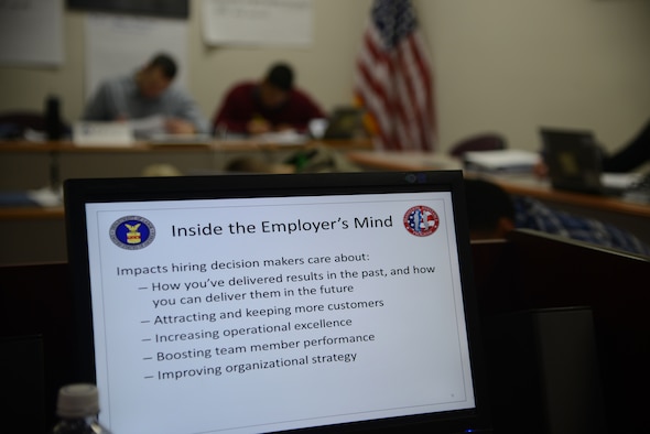 A computer displays some key points about employers during a transition assistance class, Feb. 14, 2017, at Malmstrom Air Force Base, Mont. The Airman and Family Readiness Center provides this course as well as many others for Airmen transitioning out of the military and for those looking for a job or a new career. (U.S. Air Force photo/ Staff Sgt. Delia Marchick)
