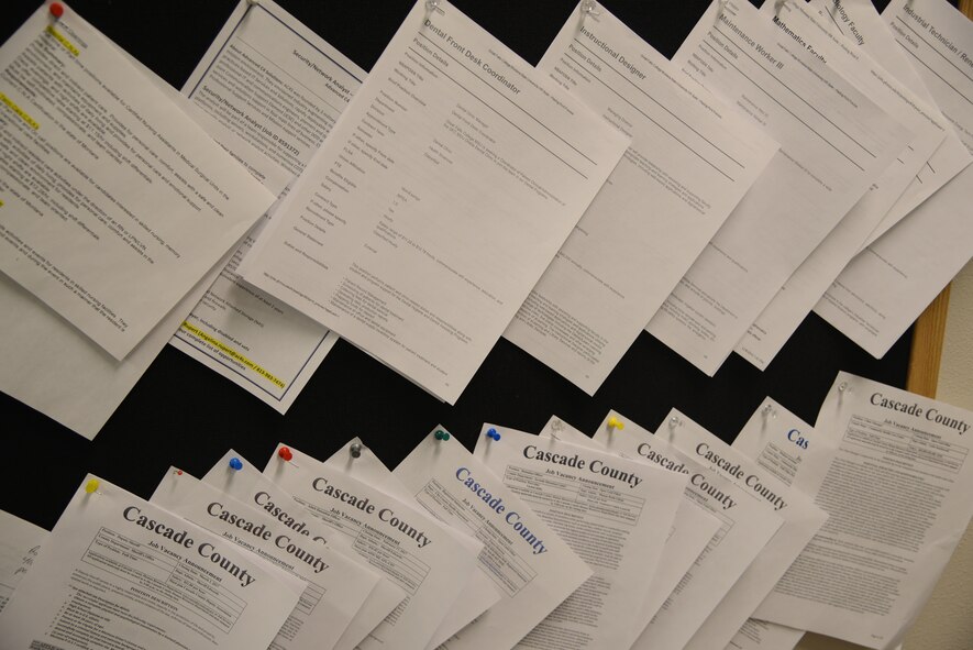 Details for open job positions hang from an employment board, Feb. 14, 2017, at Malmstrom Air Force Base, Mont. The employment board is located in the education building and is updated as job openings are received. (U.S. Air Force photo/ Staff Sgt. Delia Marchick)