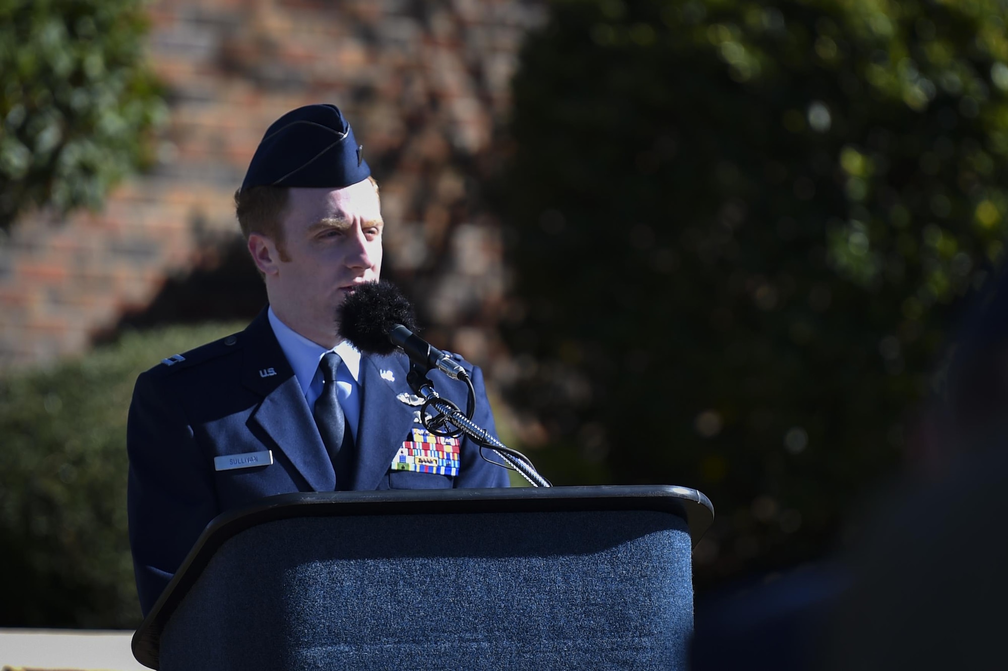 Capt. Sean Sullivan, a flight commander with the 25th Intelligence Squadron, speaks during the Ratchet 33 Memorial Ceremony at the air park, Hurlburt Field, Fla., Feb. 16, 2017. Ratchet 33 was a U-28A intelligence, surveillance, reconnaissance aircraft crewed by four Air Commandos that crashed in Djibouti, Africa, Feb. 18, 2012. The aircrew was comprised of Capt. Ryan Hall, Capt. Nicholas Whitlock, 1st Lt. Justin Wilkens and Senior Airman Julian Scholten. (U.S. Air Force photo by Airman 1st Class Joseph Pick)