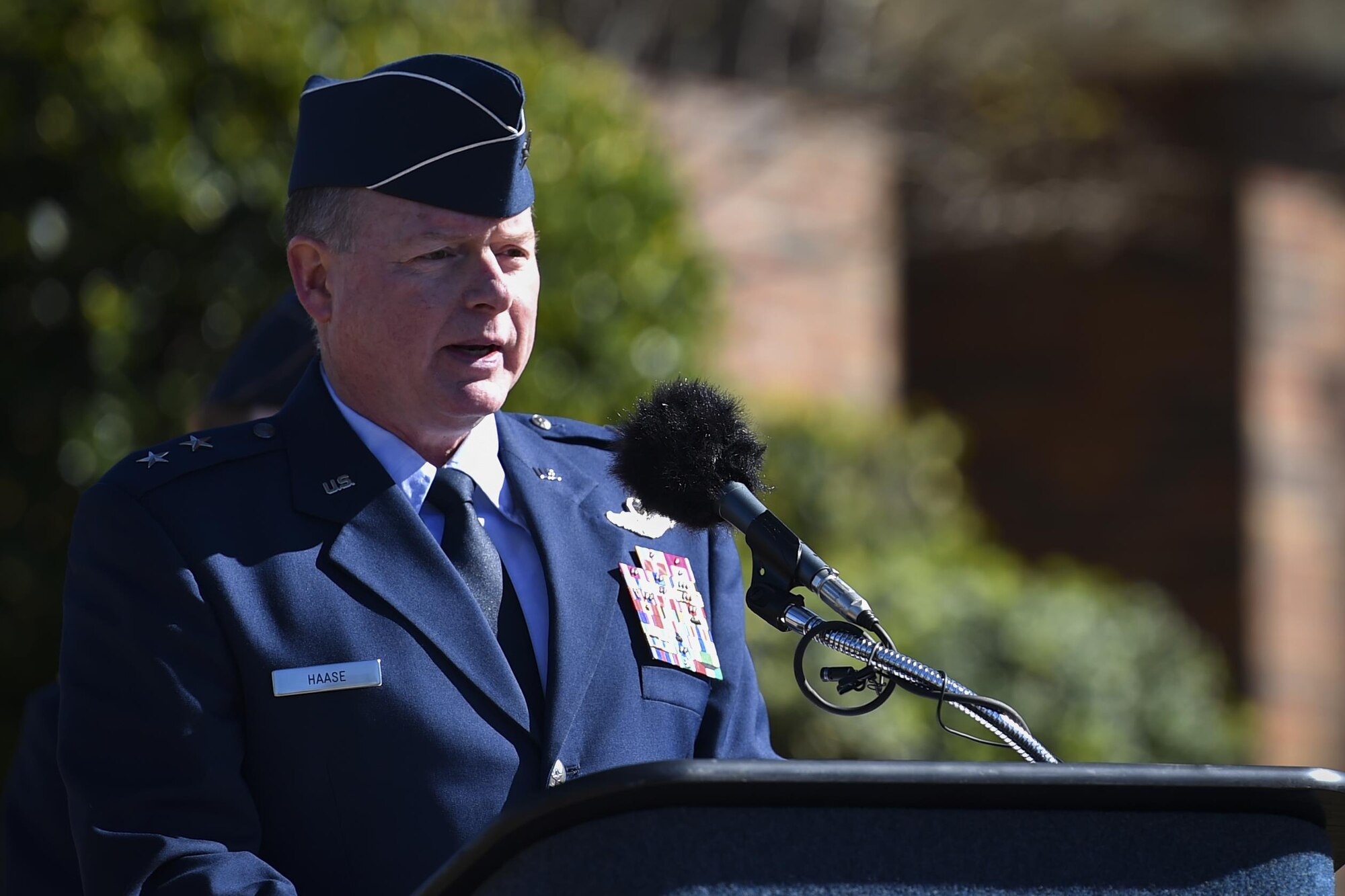 Maj. Gen. Eugene Haase, the vice commander of Air Force Special Operations Command, speaks during the Ratchet 33 Memorial Ceremony at the air park, Hurlburt Field, Fla., Feb. 16, 2017. Ratchet 33 was a U-28A intelligence, surveillance, reconnaissance aircraft crewed by four Air Commandos that crashed in Djibouti, Africa, Feb. 18, 2012. The aircrew was comprised of Capt. Ryan Hall, Capt. Nicholas Whitlock, 1st Lt. Justin Wilkens and Senior Airman Julian Scholten. (U.S. Air Force photo by Airman 1st Class Joseph Pick)