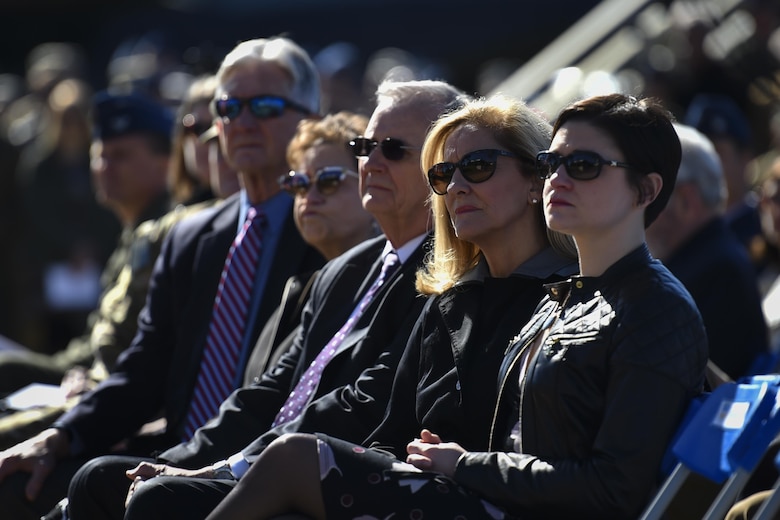 The families of the Ratchet 33 aircrew attend a memorial ceremony at the air park, Hurlburt Field, Fla., Feb. 16, 2017. During the ceremony, the commanders of the 25th Intelligence Squadron, 34th Special Operations Squadron and the acting commander of the 319th SOS unveiled a Ratchet 33 aircrew memorial plaque. The aircrew was comprised of Capt. Ryan Hall, Capt. Nicholas Whitlock, 1st Lt. Justin Wilkens and Senior Airman Julian Scholten. (U.S. Air Force photo by Airman 1st Class Joseph Pick)