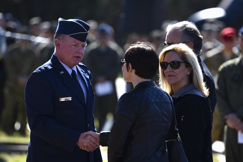 Maj. Gen. Eugene Haase, the vice commander of Air Force Special Operations Command, greets family members of the Ratchet 33 aircrew during a memorial ceremony at the air park, Hurlburt Field, Fla., Feb. 16, 2017. Ratchet 33 was a U-28A intelligence, surveillance, reconnaissance aircraft crewed by four Air Commandos that crashed in Djibouti, Africa, Feb. 18, 2012. The aircrew was comprised of Capt. Ryan Hall, Capt. Nicholas Whitlock, 1st Lt. Justin Wilkens and Senior Airman Julian Scholten. (U.S. Air Force photo by Airman 1st Class Joseph Pick)