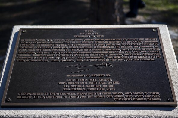 Team Hurlburt came together to attend the Ratchet 33 Memorial Ceremony at the air park, Hurlburt Field, Fla., Feb. 16, 2017. During the ceremony, the commanders of the 25th Intelligence Squadron, 34th Special Operations Squadron and the acting commander of the 319th SOS unveiled a Ratchet 33 aircrew memorial plaque. (U.S. Air Force photo by Airman 1st Class Joseph Pick)