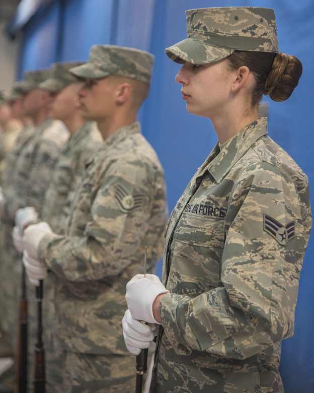 U.S. Air Force Honor Guardsmen stand ready to start the Chief Master Sergeant of the Air Force Transition Ceremony rehearsal at Joint Base Andrews, Md., Feb. 16, 2017. During the event, Chief Master Sergeant of the Air Force James A. Cody, is scheduled to retire and the 18th Chief Master Sergeant of the Air Force Kaleth O. Wright is planned to be appointed. (U.S. Air Force photo by Airman 1st Class Valentina Lopez)