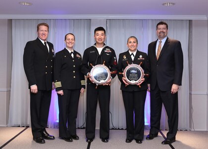 Naval Sea Systems Command (NAVSEA) Master Chief Russ Mason, NAVSEA Chief of Staff Capt. Renee Squier and NAVSEA Executive Director Jim Smerchansky pose with the 2016 NAVSEA Sailor of the Year winners: Electrician’s Mate 1st Class Disi Zhao (USN) and Master-at-Arms 1st Class Selene Ceballo (USNR).