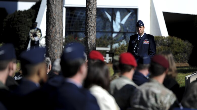 Lt. Col. Erick Turasz, the commander of the 34th Special Operations Squadron, spoke during a memorial ceremony at the air park, Hurlburt Field, Fla., Feb. 16, 2017. Ratchet 33 was a U-28A intelligence, surveillance, reconaissance aircraft crewed by four Air Commandos that crashed in Djibouti, Africa, Feb. 18, 2012. The aircrew was comprised of Capt. Ryan Hall, Capt. Nicholas Whitlock, 1st Lt. Justin Wilkens and Senior Airman Julian Scholten. (U.S. Air Force photo by Airman 1st Class Dennis Spain)