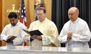 The Most Reverend Neil Buckon, Bishop for the Archdiocese for the Military Services (center), Reverend Antony Chakkalakkal, Pastor, St. Francis of Assisi parish, Aberdeen, Mississippi (left), and Reverend Paul Stewart, Pastor, Prince of Peace parish, Columbus, Mississippi (right), celebrate catholic Mass Feb. 14, 2017, at the Chapel on Columbus Air Force Base, Mississippi. Buckon arrived at Columbus AFB Feb. 13 for his base visit and departed Feb. 15 for Meridian, Mississippi. (U.S. Air Force photo by Richard Johnson)