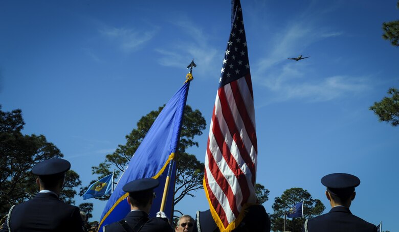 A PC-12 Pilatus performs a flyover during a memorial ceremony at Hurlburt Field, Fla., Feb. 16, 2017. Ratchet 33 was a U-28A intelligence, surveillance, reconnaissance aircraft crewed by four Air Commandos that crashed in Djibouti, Africa, Feb. 18, 2012. The aircrew was comprised of Capt. Ryan Hall, Capt. Nicholas Whitlock, 1st Lt. Justin Wilkens and Senior Airman Julian Scholten. (U.S Air Force photo by Airman 1st Class Dennis Spain)