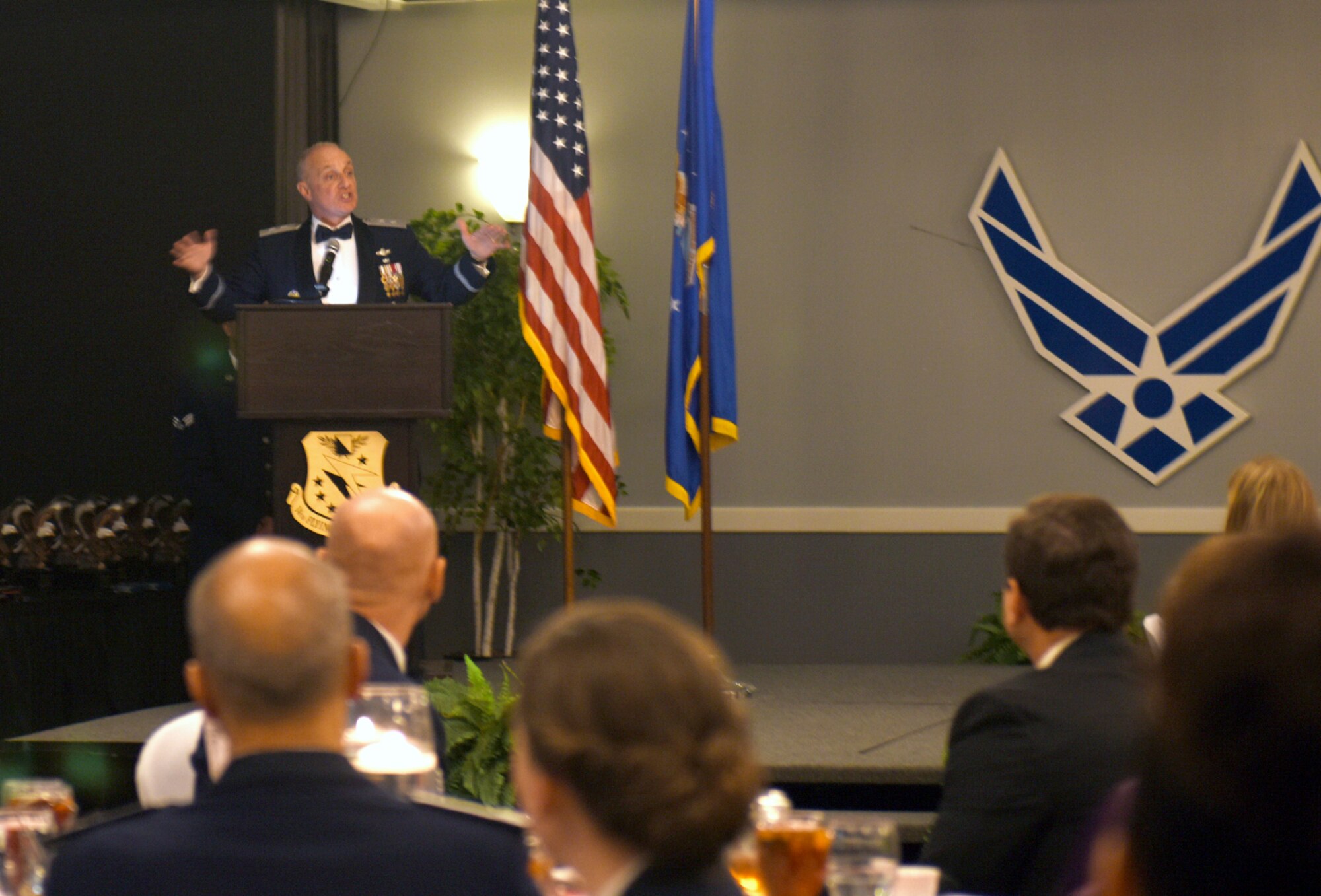 Maj. Gen. Garrett Harencak, Commander, Air Force Recruiting Service, Joint Base San Antonio-Randolph, Texas, delivers a speech at the Annual Awards Banquet Feb. 9, 2017, at the Columbus Club on Columbus Air Force Base, Mississippi. Harencak spoke about recruiting and inspiring the next generation of Airmen and explained Team BLAZE’s role in that mission. (U.S. Air Force photo by Melissa Doublin)