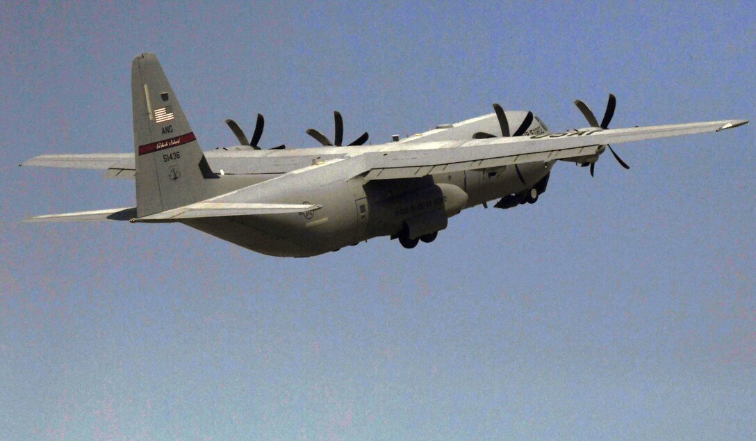 A U.S. Air Force C-130 Super Hercules assigned to the 143rd Airlift Wing, Rhode Island Air National Guard, takes off during Aero India 2017 at Air Force Station Yelahanka, Bengaluru, India, Feb. 15, 2017. Aero India is India's premier aerospace exhibition and airshow, held bi-annually, through which the U.S. is able to demonstrate its commitment to the security of the Indo-Asia-Pacific region, promote the standardization and interoperability of equipment, and display capabilities critical to the success of current and future military operations.  (U.S. Air Force photo by Capt. Mark Lazane)