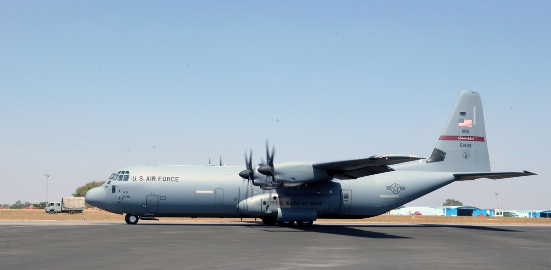 A U.S. Air Force C-130J Super Hercules assigned to the 143rd Airlift Wing, Rhode Island Air National Guard, taxies to its parking location following a joint U.S. and India Special Forces combined free-fall jump during Aero India 2017 at Air Force Station Yelahanka, Bengaluru, India, Feb. 15, 2017. The jump was one of the highlights of the tradeshow that demonstrates the U.S. commitment to the security of the Indo-Asia-Pacific region, promotes the standardization and interoperability of equipment, and display capabilities critical to the success of current and future military operations. (U.S. Air Force photo by Capt. Mark Lazane)


