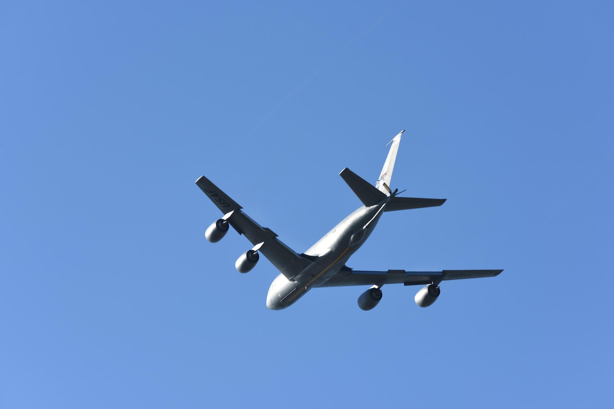 A KC-135 Stratotanker from the 314th Air Refueling Squadron flies overhead on Feb. 11, 2017 at Beale Air Force Base, California during a unit training assembly. The aircraft took off immediately following another KC-135 as part of a routine training sortie involving a two-ship aircraft formation. Between the two planes, they refueled eight F-15 Eagles that day from the 173rd Fighter Wing out of Kingsley Field Air National Guard Base, Oregon. (U.S. Air Force photo by Staff Sgt. Brenda Davis).