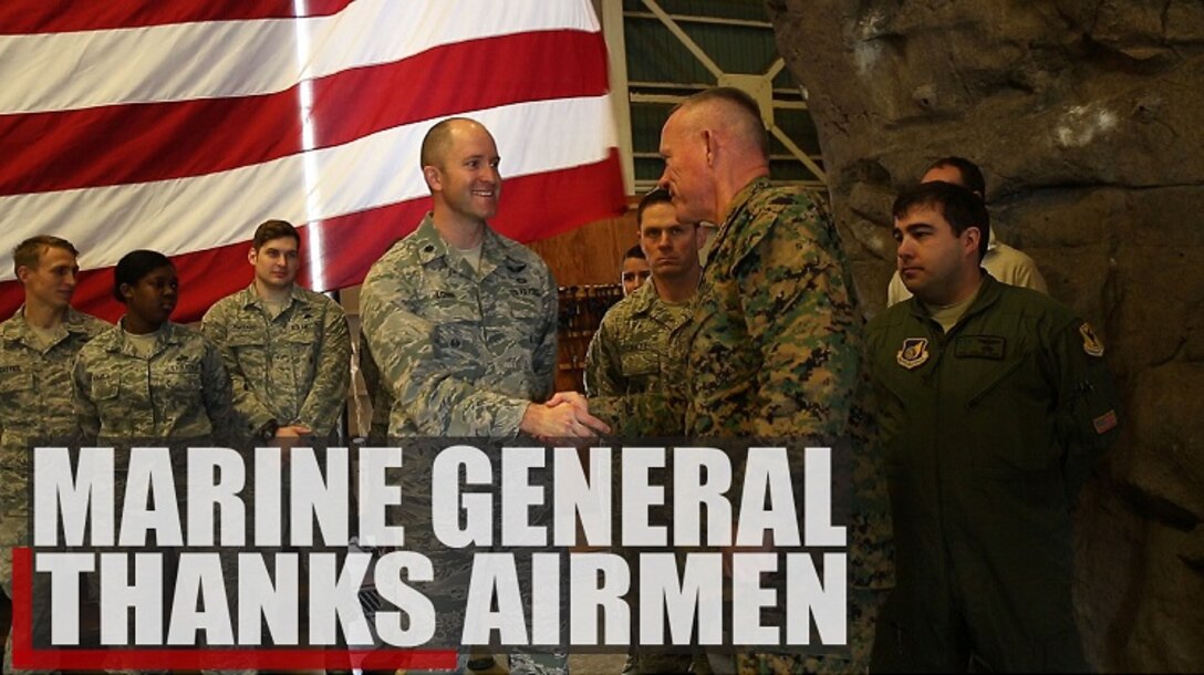 Lt. Gen. Lawrence D. Nicholson visits Kadena Air Force Base, Okinawa, Japan, Feb. 14, 2017, to thank various Airmen, including Capt. John Krzyminski, who assisted in the search and rescue of an MV-22 Osprey, in Okinawa, Japan, December 2016. Nicholson is the commanding general of III Marine Expeditionary Force and Krzyminski is a combat rescue officer with the 31st Rescue Squadron. The aircraft had five crew members onboard, but thanks to the quick thinking of the pilot and the efforts of the airmen who responded to the incident, all were recovered. (U.S. Marine Corps photo by Sgt. Laura Gauna)