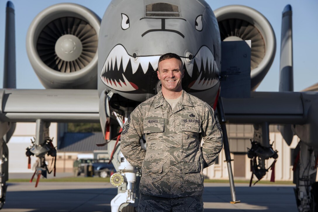Chief Master Sgt. Jason Hughes, former 23d Aircraft Maintenance Squadron chief enlisted manager, poses in front of an A-10C Thunderbolt II, Feb. 10, 2017, at Moody Air Force Base, Ga. Upon enlisting as an F-15 Strike Eagle crew chief in 1997, Hughes dedicated 20 years to servicing six airframes. Now, he will become the newest member of the U.S. Air Force Thunderbirds. 