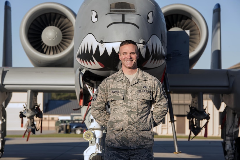 Chief Master Sgt. Jason Hughes, former 23d Aircraft Maintenance Squadron chief enlisted manager, poses in front of an A-10C Thunderbolt II, Feb. 10, 2017, at Moody Air Force Base, Ga. Upon enlisting as an F-15 Strike Eagle crew chief in 1997, Hughes dedicated 20 years to servicing six airframes. Now, he will become the newest member of the U.S. Air Force Thunderbirds. 
