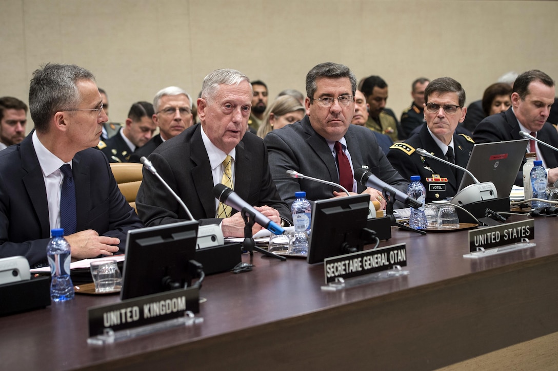 Defense Secretary Jim Mattis, center left, speaks during a Global Coalition to Counter ISIS meeting at NATO headquarters in Brussels, Feb. 16, 2017. DoD photo by Air Force Tech. Sgt. Brigitte N. Brantley