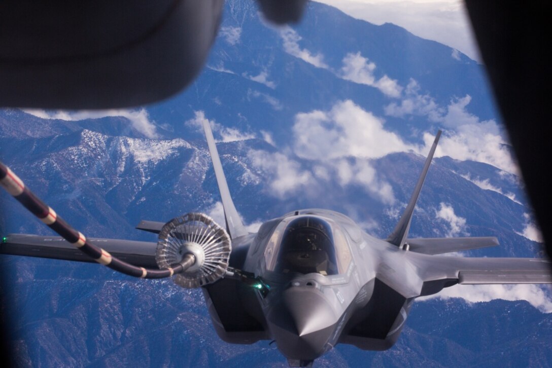 An F-35B Lightning II with Marine Fighter Attack Squadron (VMFA) 121, 3rd Marine Aircraft Wing, conducts an aerial refuel while transiting the Pacific Northwest from Marine Corps Air Station Yuma, Ariz., to Joint Base Elmendorf-Richardson, Alaska, Jan. 9, 2017, its final destination being MCAS Iwakuni, Japan, to join 1st Marine Aircraft Wing. VMFA-121, originally an F/A-18 squadron, was redesignated as the Marine Corps’ first F-35 squadron in 2012. (U.S. Marine Corps photo by Sgt. Lillian Stephens) 