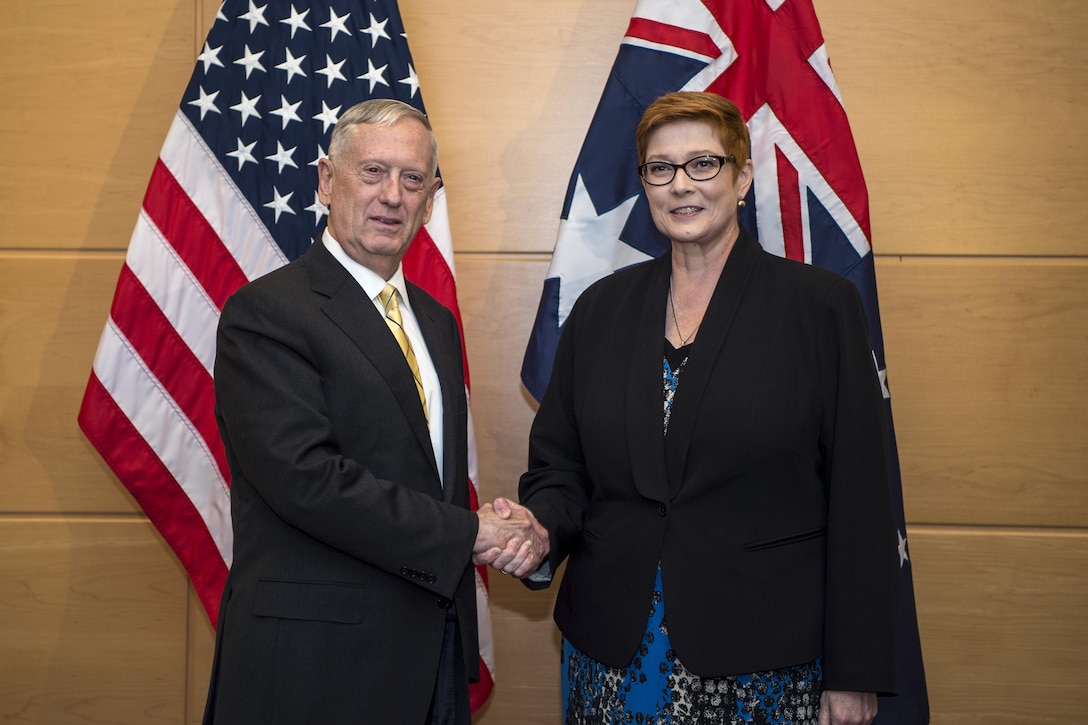 Defense Secretary Jim Mattis, left, shakes hands with Australian Defense Minister Marise Payne before a bilateral meeting at NATO headquarters in Brussels, Feb. 16, 2017. DoD photo by Air Force Tech. Sgt. Brigitte N. Brantley