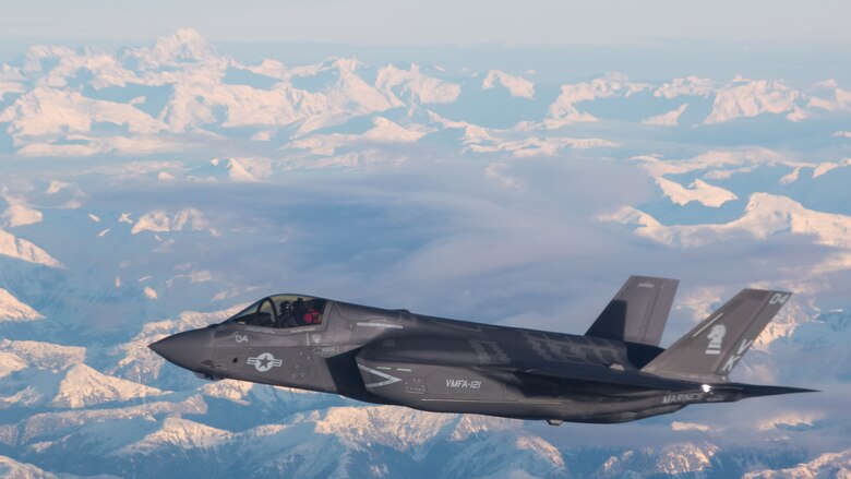 An F-35B Lightning II with Marine Fighter Attack Squadron (VMFA) 121, 3rd Marine Aircraft Wing, transits the Pacific Northwest from Marine Corps Air Station Yuma, Ariz., to Joint Base Elmendorf-Richardson, Alaska, Jan. 9, 2017, its final destination being MCAS Iwakuni, Japan, to join 1st Marine Aircraft Wing. VMFA-121, originally an F/A-18 squadron, was redesignated as the Marine Corps’ first F-35 squadron in 2012. 