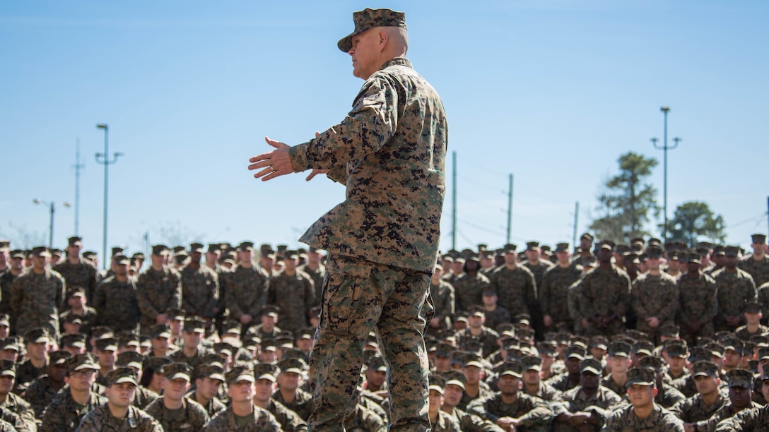Commandant of the Marine Corps Gen. Robert B. Neller speaks to Marines with Marine Forces Reserve during a town hall at Naval Air Station Joint Reserve Base New Orleans, Louisiana, Feb. 16, 2017. Neller spoke about “Seize the Initiative” as well as answered questions from the audience. 