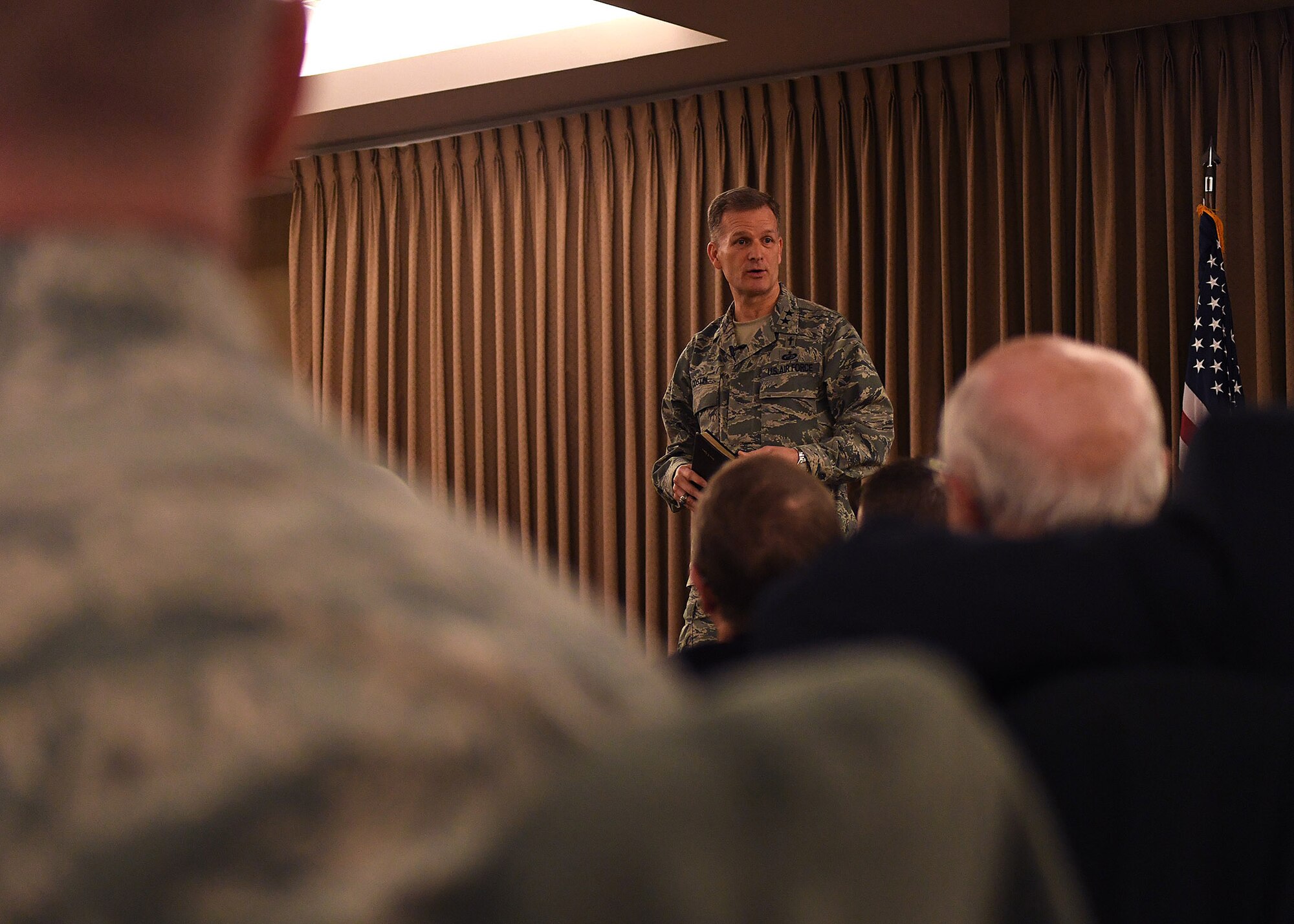 Maj. Gen. Dondi E. Costin, U.S. Air Force Chief of Chaplains, speaks at the National Prayer breakfast Feb. 16, 2017, on Grand Forks Air Force Base, North Dakota. Costin spent two days in North Dakota speaking with Airmen from Grand Forks AFB and Cavalier Air Force Station about spiritual fitness. (U.S. Air Force photo by Senior Airman Ryan Sparks)