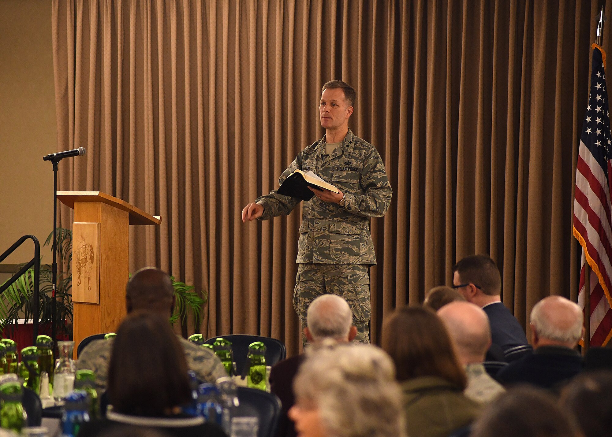 Maj. Gen. Dondi E. Costin, U.S. Air Force Chief of Chaplains, speaks at the National Prayer breakfast Feb. 16, 2017, on Grand Forks Air Force Base, North Dakota. Costin spent two days in North Dakota speaking with Airmen from Grand Forks AFB and Cavalier Air Force Station about spiritual fitness. (U.S. Air Force photo by Senior Airman Ryan Sparks)