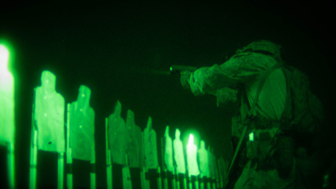 Marines and sailors with the Maritime Raid Force, 11th Marine Expeditionary Unit, transition from their rifles to pistols during a live-fire shoot on the flight deck of the USS Somerset (LPD 25), Feb. 10. During the drills, the MRF switch from a rifle to a pistol for targets ranging three to five feet away. The 11th MEU is currently supporting U.S. 5th Fleet’s mission to promote and maintain stability and security in the region while underway during their West-Pac 16-2 deployment. 