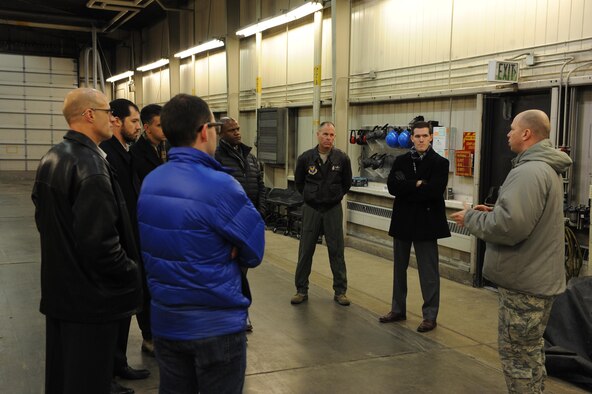 Brig. Gen. Michael Lutton, Principal Assistant Deputy Administrator for Military Application, National Nuclear Security Administration, receives a tour of the missile handling trainer at Minot Air Force Base, N.D., Feb. 13, 2017. During his visit, Lutton toured various 5th Bomb Wing and 91st Missile Wing’s facilities to learn about their mission and capabilities. (U.S. Air Force photo by Senior Airman Kristoffer Kaubisch)