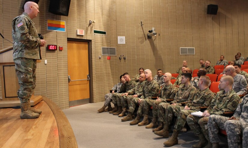 Maj. Gen. Peter A. Bosse, commanding general, 335th Signal Command (Theater), speaks to Soldiers of the U.S. Army Reserve Cyber Operations Group, during a command hosted town hall meeting, Jan 8 at the ARCOG headquarters in Adelphi, Maryland. The purpose of the town hall was for Bosse to emphasize his principles of people, training and teamwork to the ARCOG, a newly formed cyber unit in the process of building its force through readiness and advanced cyber security training. (U.S. Army Reserve Photo by Sgt. Erick Yates)