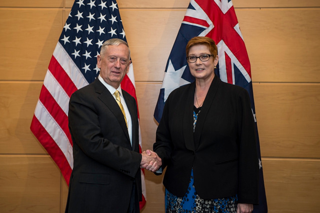 Defense Secretary Jim Mattis meets with Australian Defense Minister Marise Payne ahead of a bilateral meeting on the sidelines of a defense ministerial at NATO headquarters in Brussels, Feb. 16, 2017. DoD photo by Air Force Tech. Sgt. Brigitte N. Brantley
