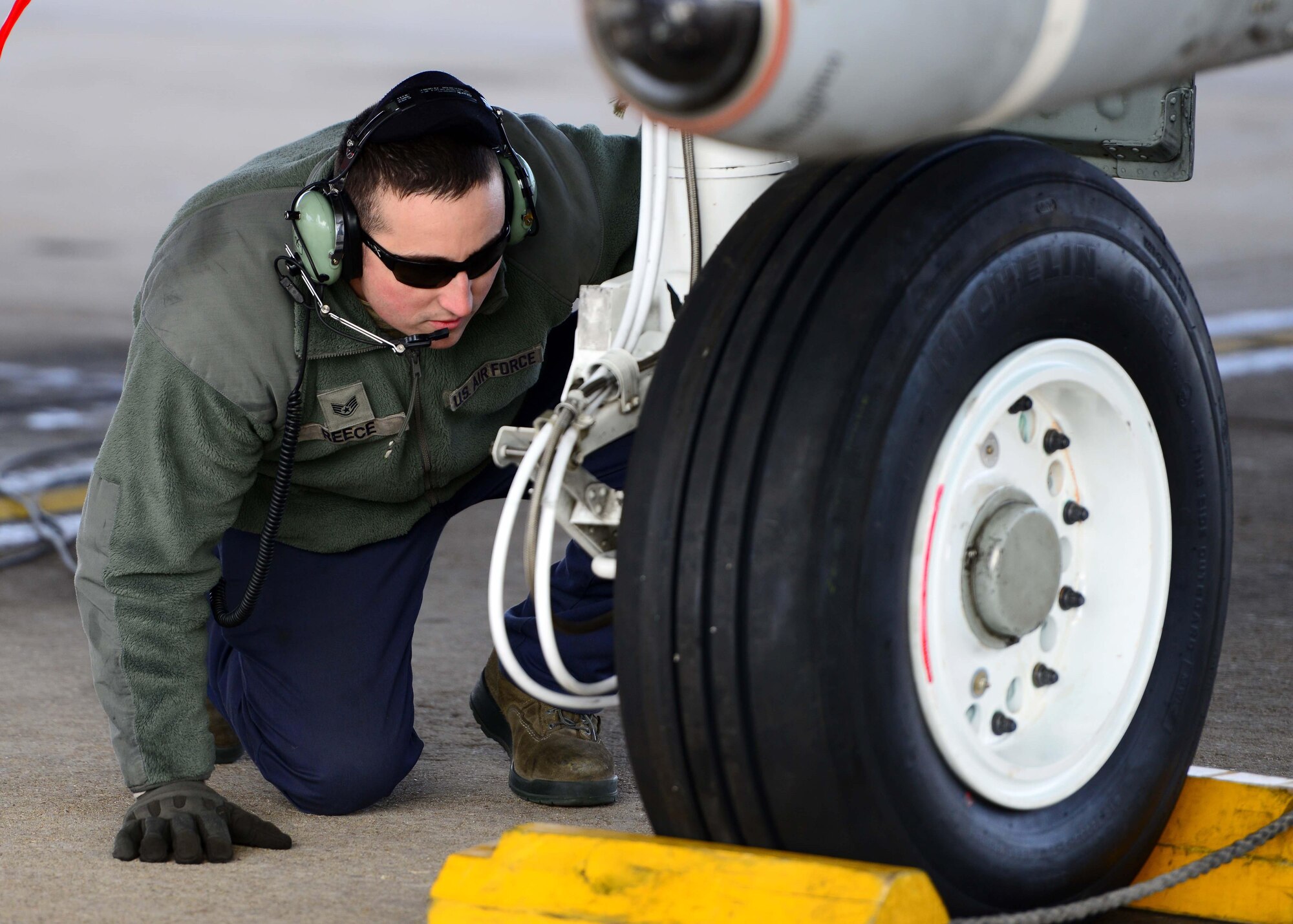 U.S. Air Force Staff Sgt. Terry Reece, a crew chief assigned to the 358th Fighter Squadron, visually inspects tires during pre-flight checks prior to a local training mission at Whiteman Air Force Base, Mo., Feb. 14, 2017. The A-10 Thunderbolt II has excellent maneuverability at low air speeds and altitude, and is a highly accurate and survivable weapons-delivery platform. The aircraft can loiter near battle areas for extended periods of time and operate in low ceiling and visibility conditions. The wide combat radius and short takeoff and landing capability permit operations in and out of locations near front lines. Using night vision goggles, A-10 pilots can conduct their missions during darkness.
