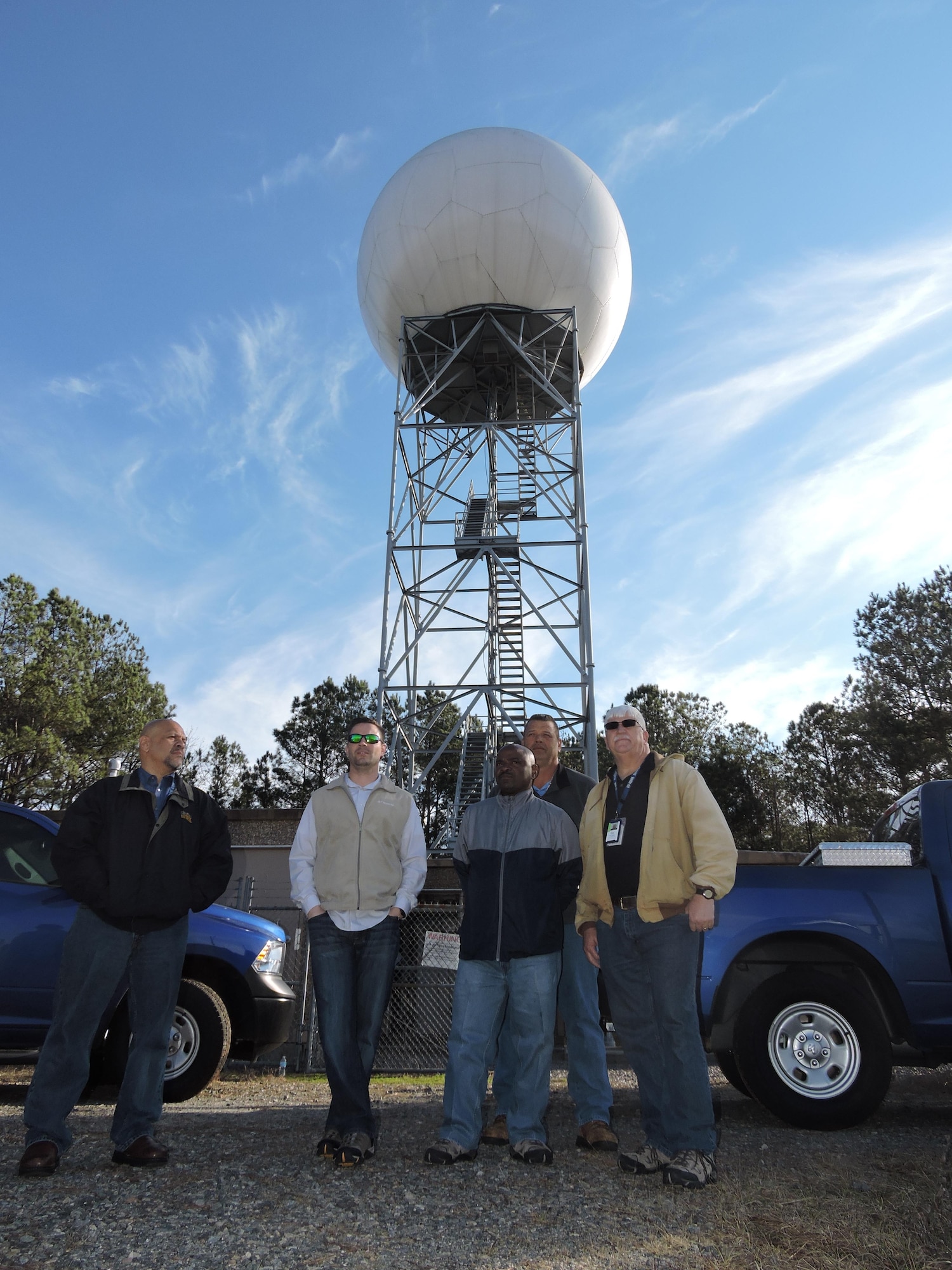 The 78th Operations Support Squadron, Air Traffic Control and Landing Systems (ATCALS) maintenance team (L-R, George Pacheco, Brian Lambert, Michael Jordan, Sam Pursley and Dennis Robbins) made emergency repairs to the Doppler radar during the Jan. 21 – 22 severe storms that came through Middle Georgia. Their work enabled the radar to track and provide early warnings to alert residents to take cover. 
(U.S. Air Force photo by Roland Leach)