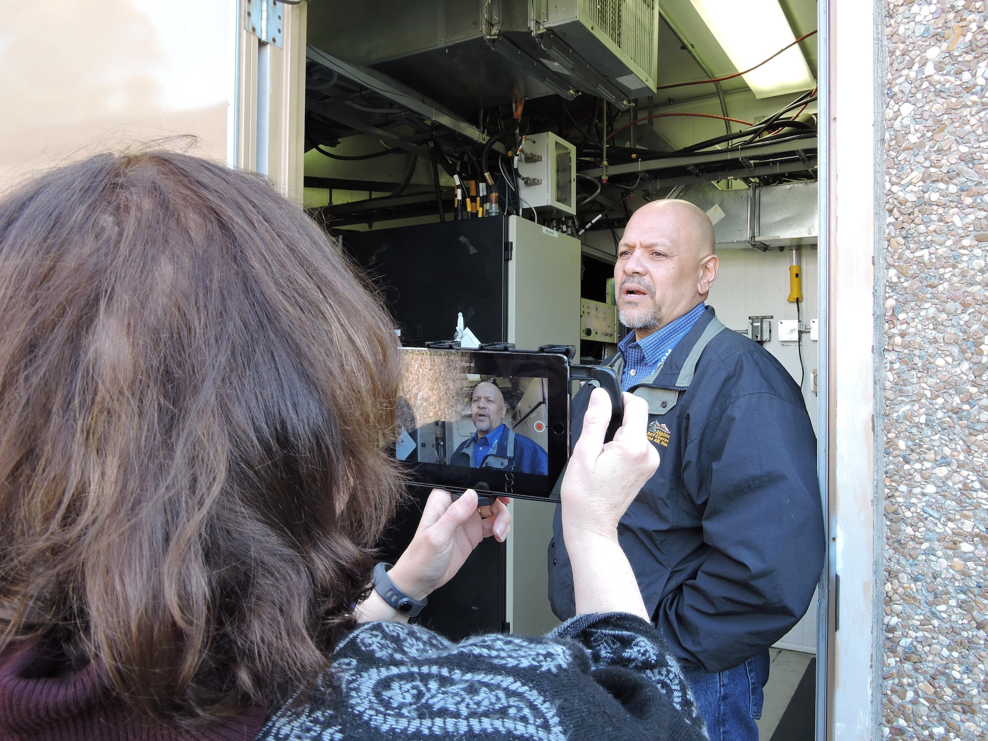 George Pacheco, 78th Operations Support Squadron, Air Traffic Control and Landing Systems (ATCALS) maintenance technician tells how his team came to make emergency repairs on the ailing Doppler radar in time to provide critical storm tracking during the Jan. 21 – 22 storms that hit Middle Georgia. Robins ATCALS team maintains this Doppler radar located near Jeffersonville, Ga. 
(U.S. Air Force photo by Roland Leach)