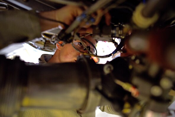 Airman 1st Class Casey McNamara, of the 121st Air Refueling Wing, seats a connector on the engine of a KC-135R Stratotanker Feb. 15, 2017, at Rickenbacker Air National Guard Base, Ohio. McNamara performed an acceptance inspection on the aircraft, which had recently returned from depot-level maintenance. (U.S. Air National Guard photo/Senior Master Sgt. Ralph Branson)
