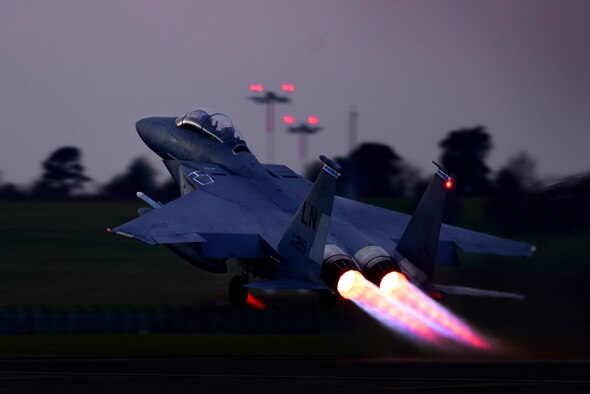 A 492nd Fighter Squadron’s F-15E Strike Eagle takes off from Royal Air Force Lakenheath, England, Feb. 15, 2017. The 492nd FS trains regularly to ensure RAF Lakenheath brings unique air combat capabilities to the fight. (U.S. Air Force photo/Tech. Sgt. Matthew Plew)