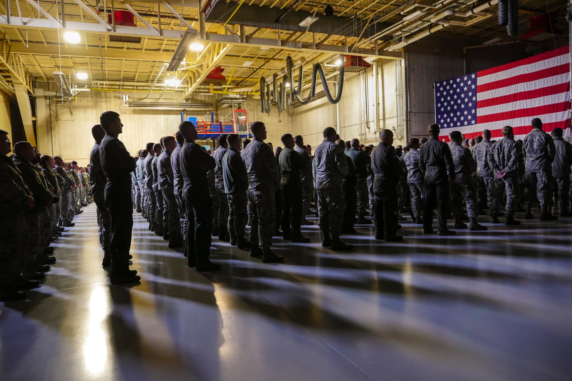 Airmen of the Global Vikings stand in formation during the quarterly wing commander's call on Feb. 11.