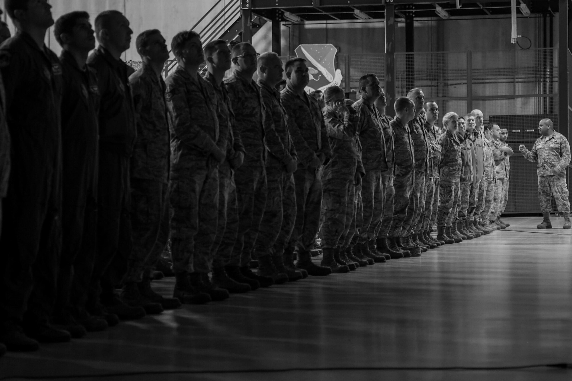 Airmen of the Global Vikings stand in formation as they prepare for the quarterly wing commander's call on Feb. 11.