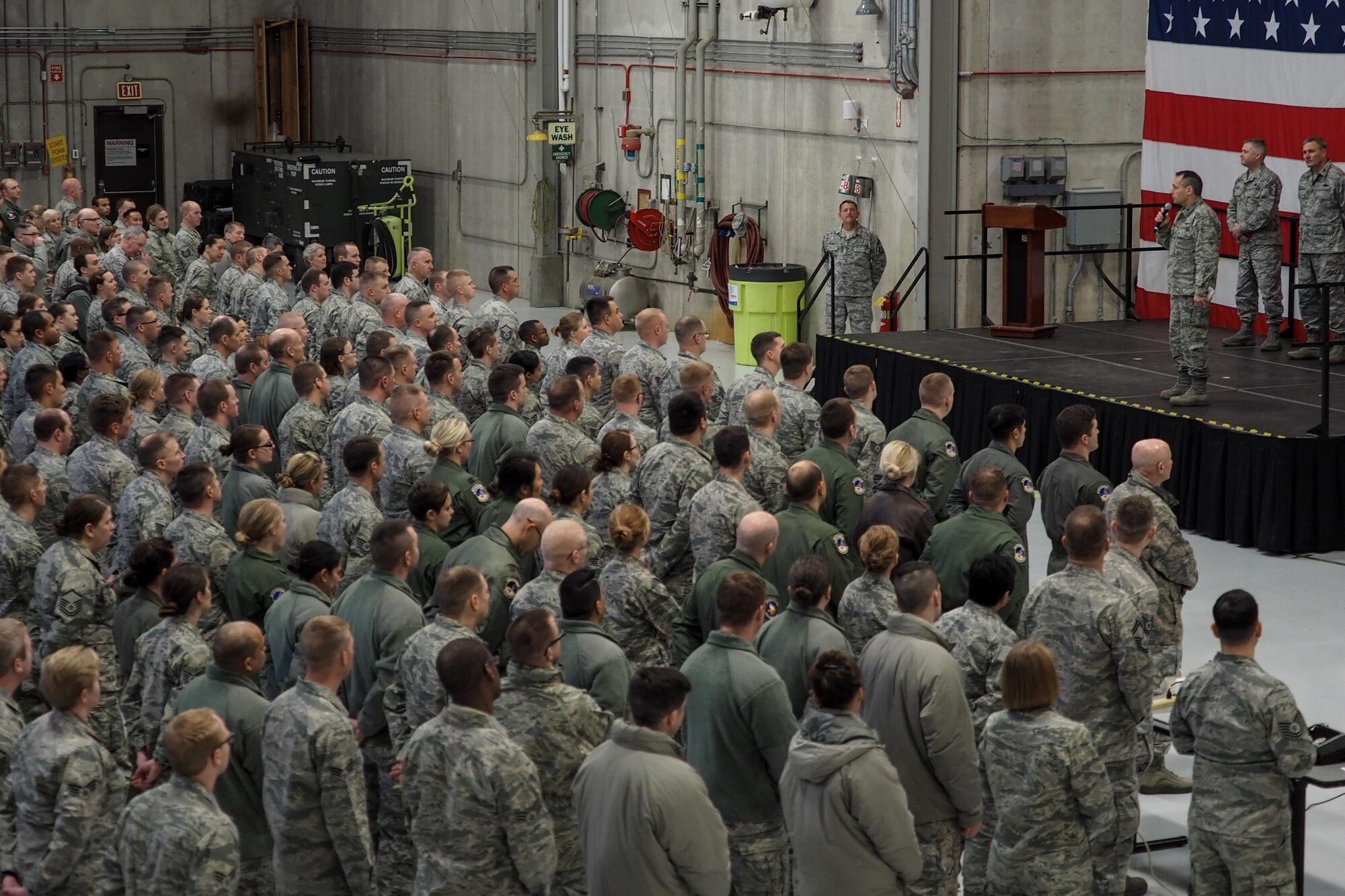 Airmen of the Global Vikings stand in formation as Col. Tony Polashek, 934th Airlift Wing commander, addresses the wing during the quarterly commander's call on Feb. 11.