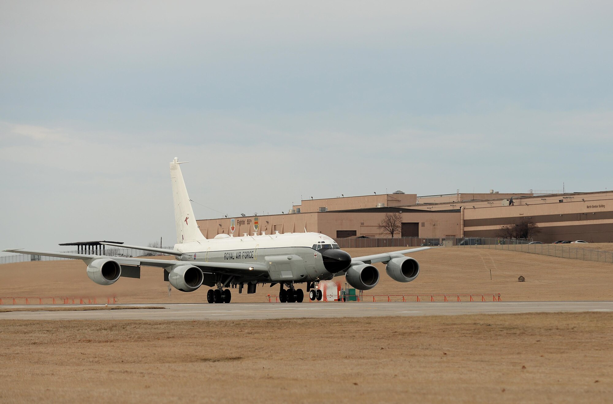 A Royal Air Force RC-135 Airseeker lands at Offutt Air Force Base, Neb. Feb. 11 to receive maintenance assistance from the 55th Maintenance Group. The aircraft diverted from Nellis Air Force Base, Nev. following landing gear problems experienced while participating in a joint exercise. (U.S. Air Force photo by Delanie Stafford)