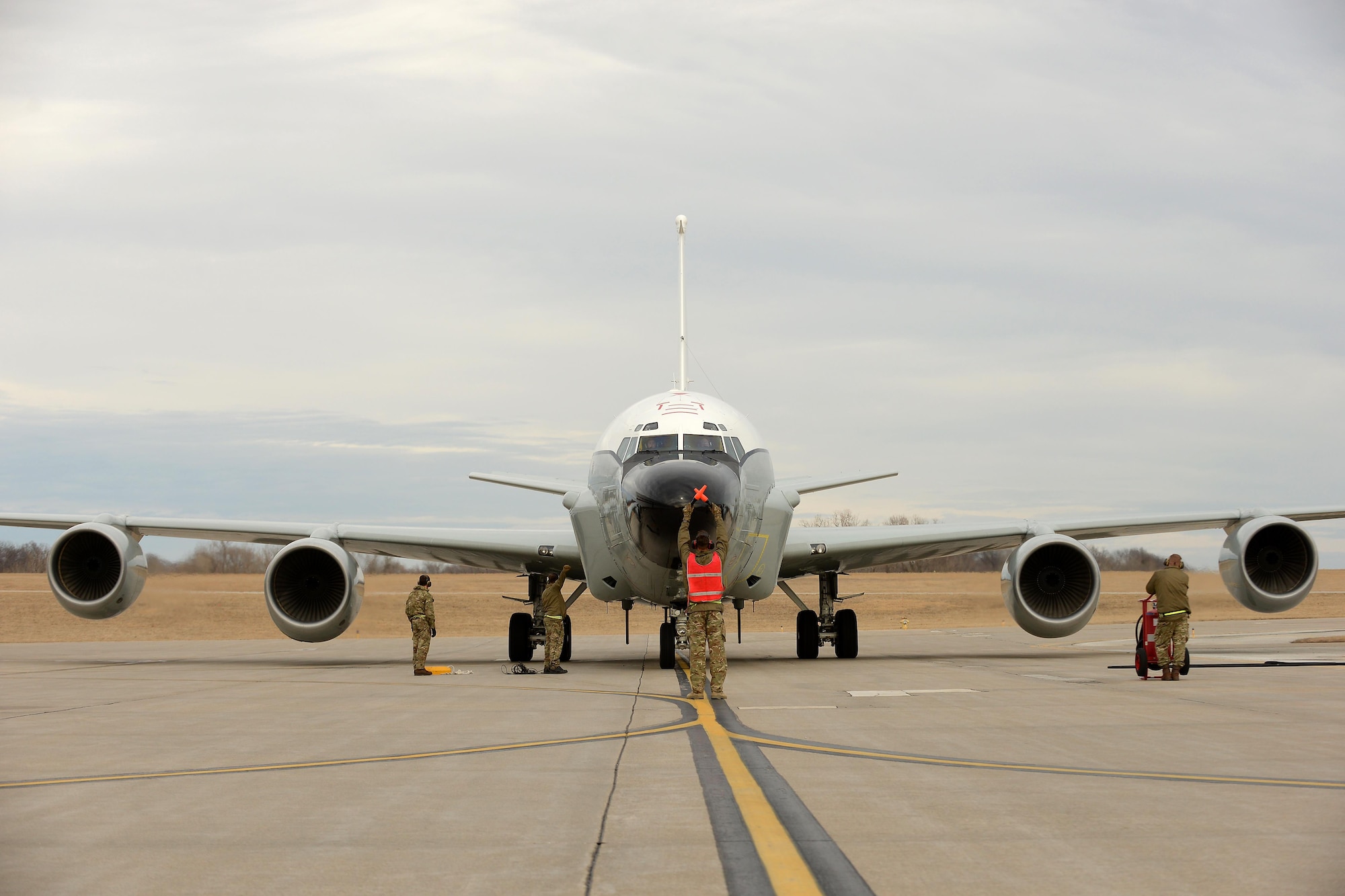 A Royal Air Force RC-135 Airseeker taxis into a parking spot at Offutt Air Force Base, Neb. Feb. 11. The aircraft diverted from Nellis Air Force Base to Offutt where it received maintenance assistance from the 55th Maintenance Group to correct a landing gear problem that occurred while participating in a joint exercise. (U.S. Air Force photo by Delanie Stafford)